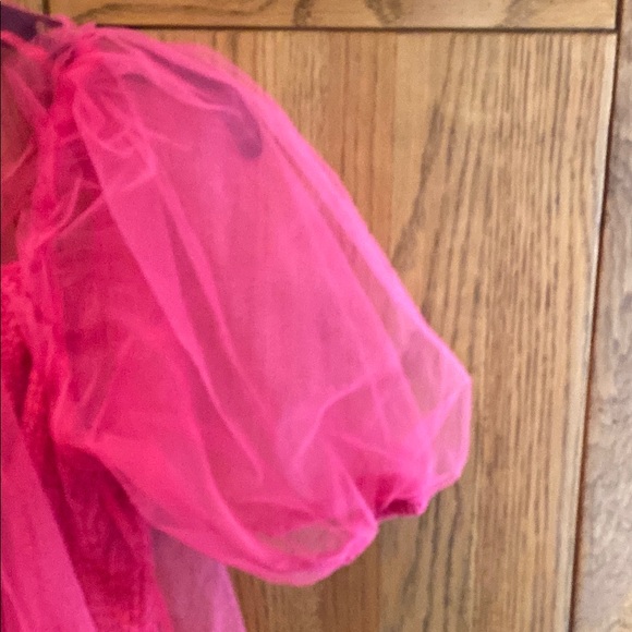 Anthropologie Sheer Puff Sleeve Tulle Top with Crinkle Stretch Inner Layer Pink - Picture 3 of 7